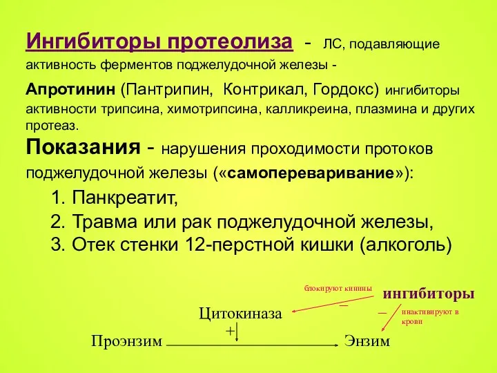 Ингибиторы протеолиза - ЛС, подавляющие активность ферментов поджелудочной железы -