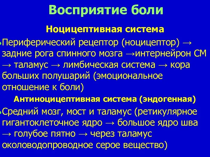 Восприятие боли Ноцицептивная система Периферический рецептор (ноцицептор) → задние рога