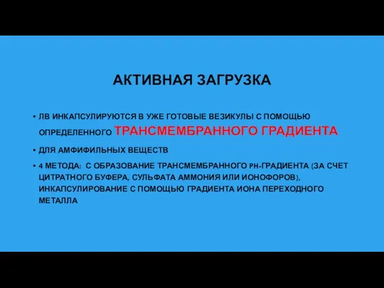 АКТИВНАЯ ЗАГРУЗКА ЛВ ИНКАПСУЛИРУЮТСЯ В УЖЕ ГОТОВЫЕ ВЕЗИКУЛЫ С ПОМОЩЬЮ