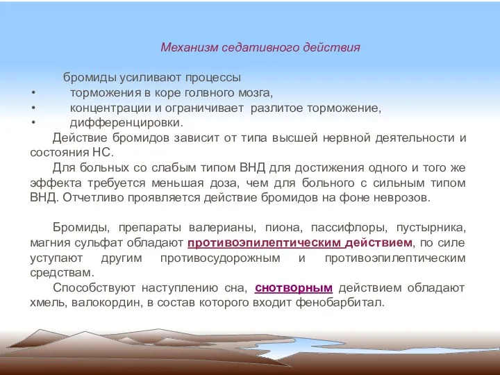 Механизм седативного действия бромиды усиливают процессы торможения в коре голвного