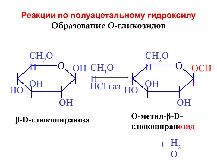 Реакции по полуацетальному гидроксилу Образование O-гликозидов β-D-глюкопираноза CH3OH HCl газ + O-метил-β-D- глюкопиранозид H2O
