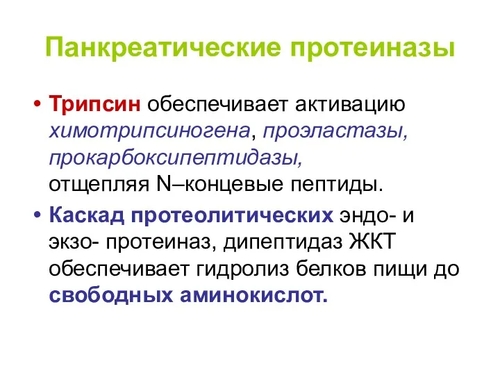 Панкреатические протеиназы Трипсин обеспечивает активацию химотрипсиногена, проэластазы, прокарбоксипептидазы, отщепляя N–концевые