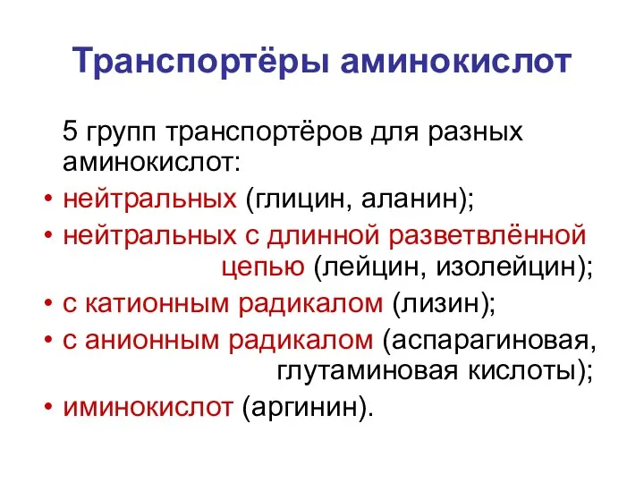 Транспортёры аминокислот 5 групп транспортёров для разных аминокислот: нейтральных (глицин,