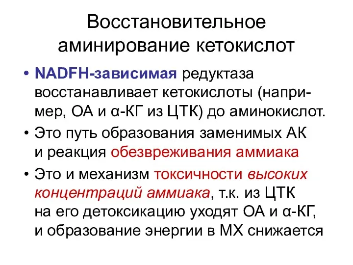 Восстановительное аминирование кетокислот NADFН-зависимая редуктаза восстанавливает кетокислоты (напри-мер, ОА и