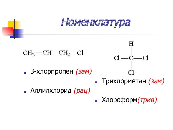 Номенклатура 3-хлорпропен (зам) Аллилхлорид (рац) Трихлорметан (зам) Хлороформ(трив)