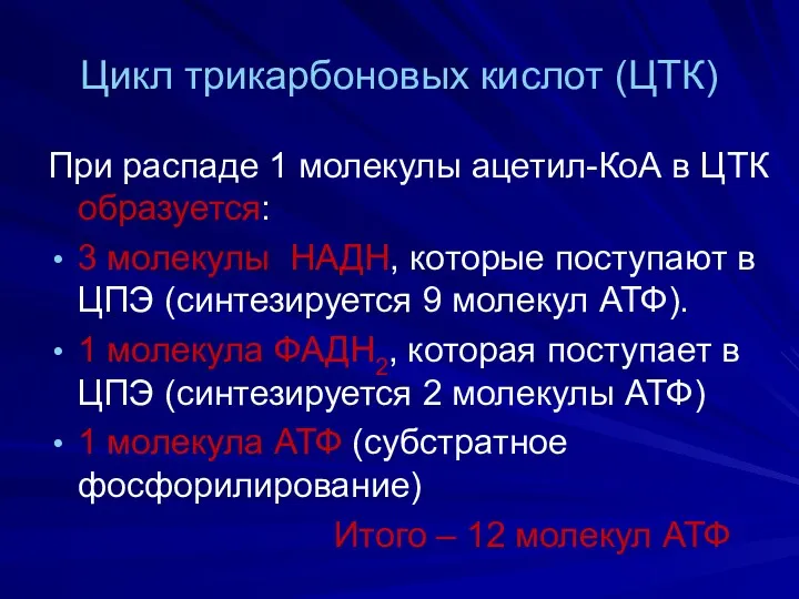 Цикл трикарбоновых кислот (ЦТК) При распаде 1 молекулы ацетил-КоА в