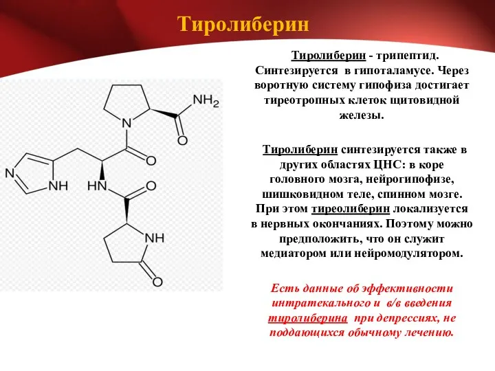 Тиролиберин Тиролиберин - трипептид. Синтезируется в гипоталамусе. Через воротную систему
