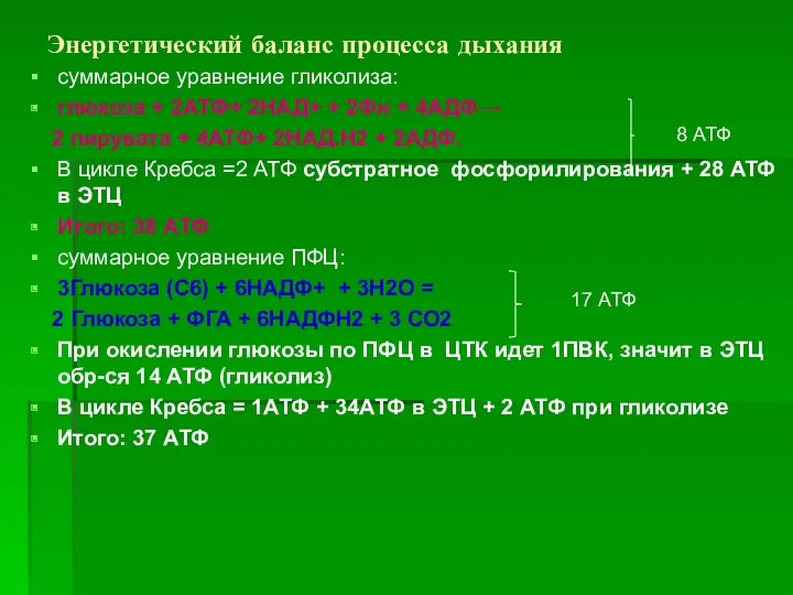 Энергетический баланс процесса дыхания суммарное уравнение гликолиза: глюкоза + 2АТФ+