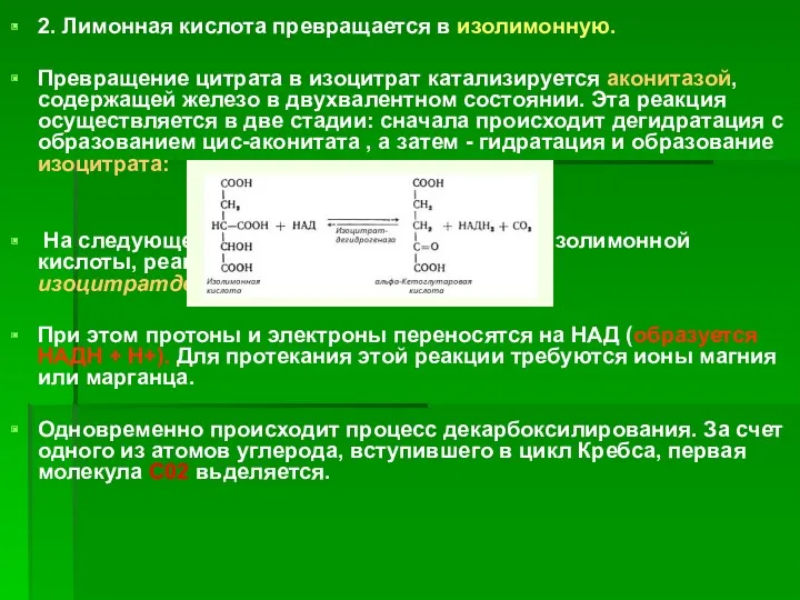 2. Лимонная ки­слота превращается в изолимонную. Превращение цитрата в изоцитрат