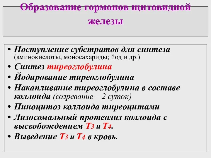 Образование гормонов щитовидной железы Поступление субстратов для синтеза (аминокислоты, моносахариды; йод и др.)