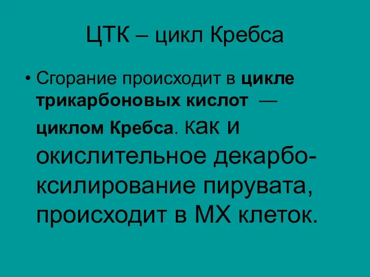 ЦТК – цикл Кребса Сгорание происходит в цикле трикарбоновых кислот