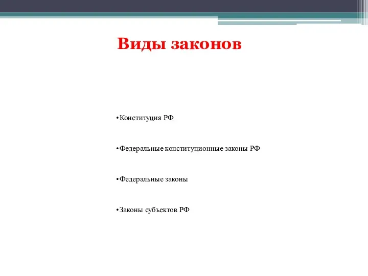 Виды законов Конституция РФ Федеральные конституционные законы РФ Федеральные законы Законы субъектов РФ