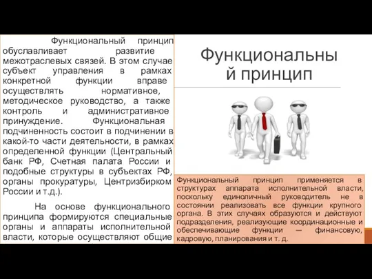 Функциональный принцип Функциональный принцип применяется в структурах аппарата исполнительной власти,