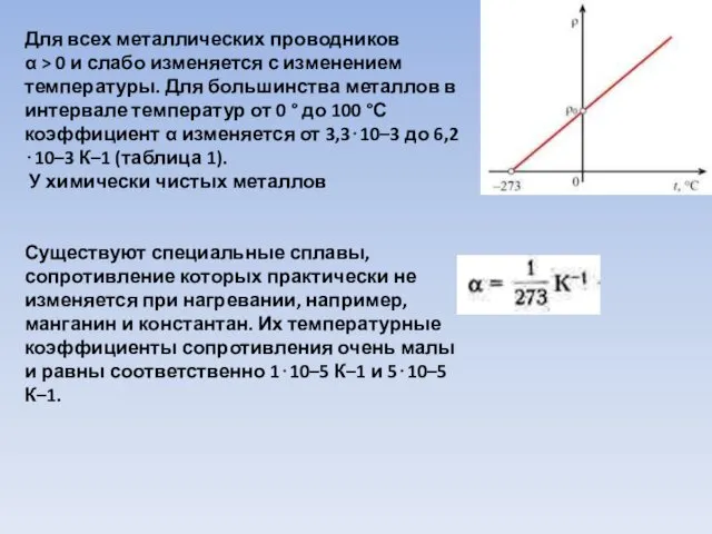 Для всех металлических проводников α > 0 и слабо изменяется