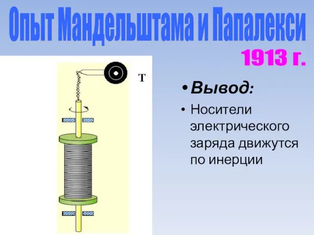 Опыт Мандельштама и Папалекси Вывод: Носители электрического заряда движутся по инерции 1913 г.