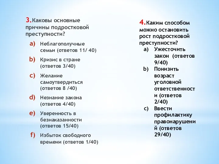 3.Каковы основные причины подростковой преступности? Неблагополучные семьи (ответов 11/ 40)