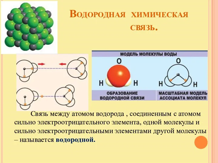 Водородная химическая связь. Связь между атомом водорода , соединенным с