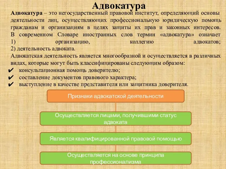 Адвокатура Адвокатура – это негосударственный правовой институт, определяющий основы деятельности лиц, осуществляющих профессиональную