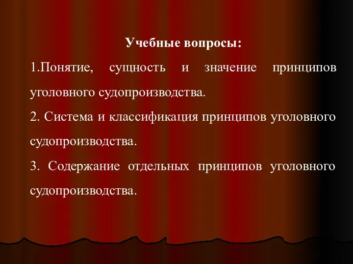 Учебные вопросы: 1.Понятие, сущность и значение принципов уголовного судопроизводства. 2.