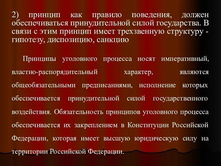 2) принцип как правило поведения, должен обеспечиваться принудительной силой государства.