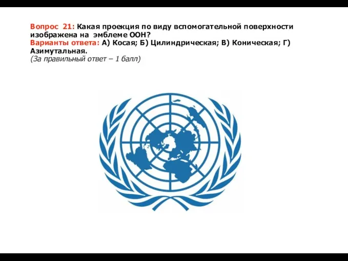 Вопрос 21: Какая проекция по виду вспомогательной поверхности изображена на эмблеме ООН? Варианты