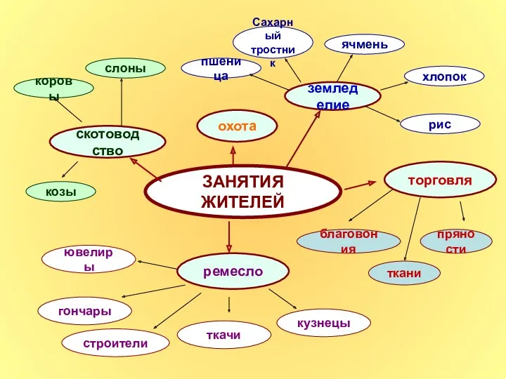 ЗАНЯТИЯ ЖИТЕЛЕЙ земледелие торговля скотоводство рис Сахарный тростник хлопок ячмень