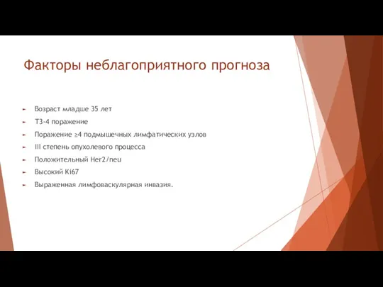 Факторы неблагоприятного прогноза Возраст младше 35 лет Т3-4 поражение Поражение