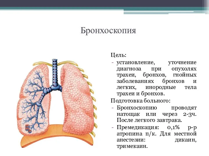 Бронхоскопия Цель: установление, уточнение диагноза при опухолях трахеи, бронхов, гнойных