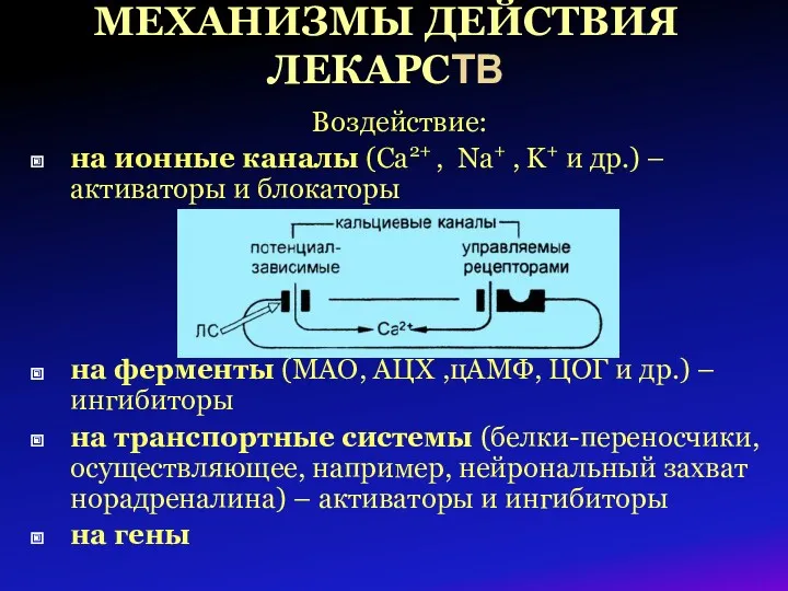 МЕХАНИЗМЫ ДЕЙСТВИЯ ЛЕКАРСТВ Воздействие: на ионные каналы (Ca2+ , Na+ , K+ и