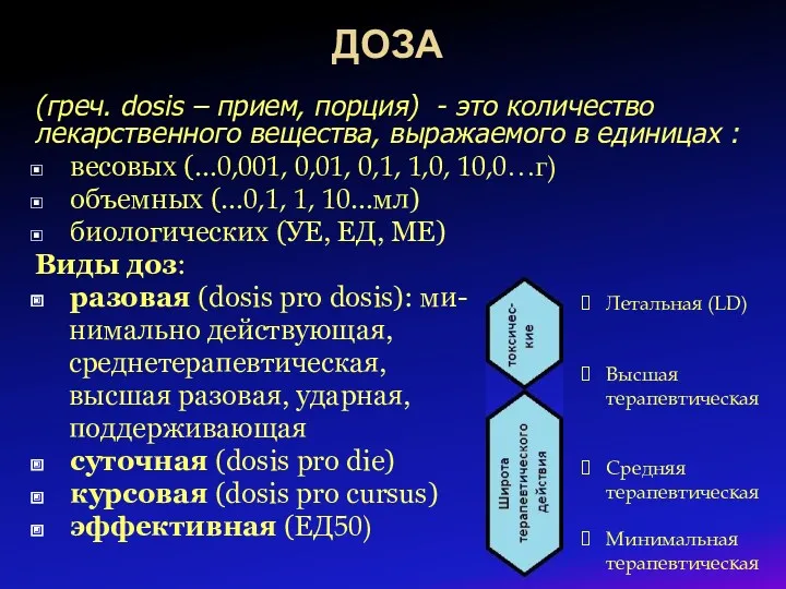 ДОЗА (греч. dosis – прием, порция) - это количество лекарственного вещества, выражаемого в