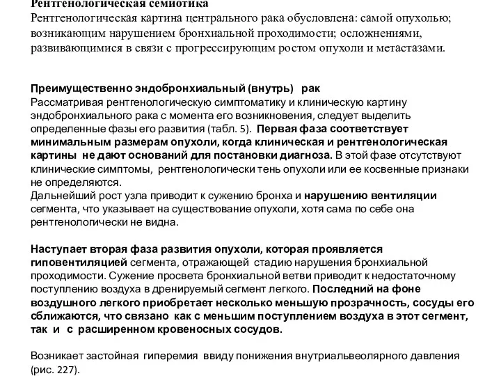 Рентгенологическая семиотика Рентгенологическая картина центрального рака обусловлена: самой опухолью; возникающим