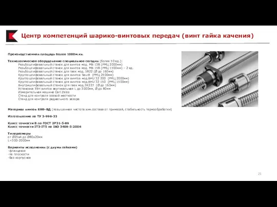 Центр компетенций шарико-винтовых передач (винт гайка качения) Производственная площадь более