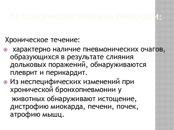 ПАТОМОРФОЛОГИЧЕСКИЕ ПРИЗНАКИ: Хроническое течение: характерно наличие пневмонических очагов, образующихся в