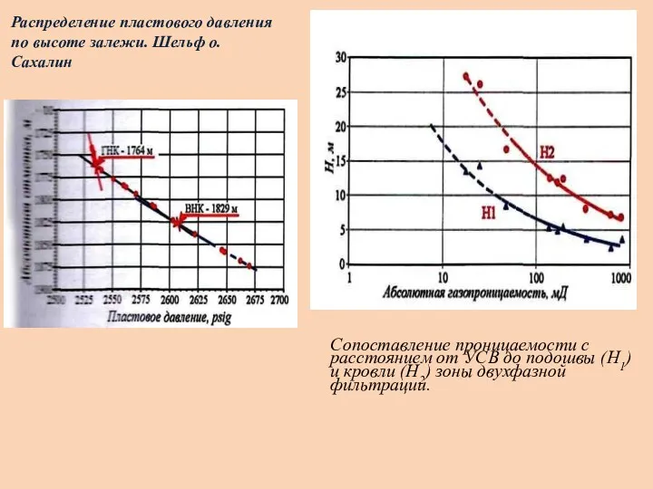 Распределение пластового давления по высоте залежи. Шельф о.Сахалин Сопоставление проницаемости