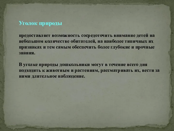 Уголок природы предоставляет возможность сосредоточить внимание детей на небольшом количестве