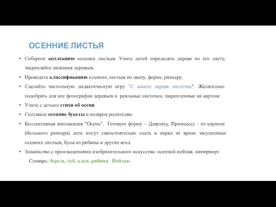 ОСЕННИЕ ЛИСТЬЯ Соберите коллекцию осенних листьев. Учите детей определять дерево