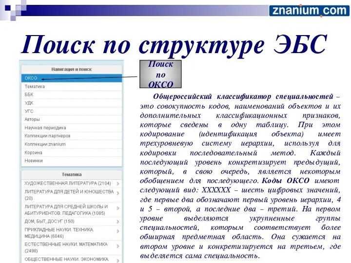 Поиск по структуре ЭБС Общероссийский классификатор специальностей – это совокупность