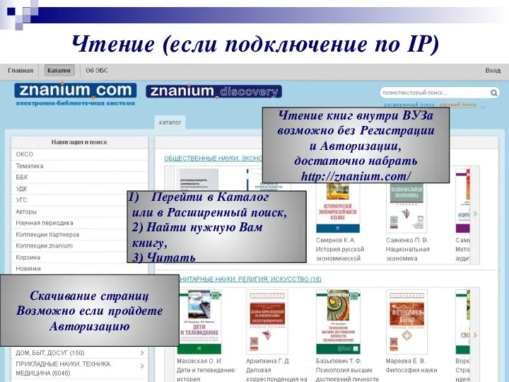 Чтение (если подключение по IP) Чтение книг внутри ВУЗа возможно