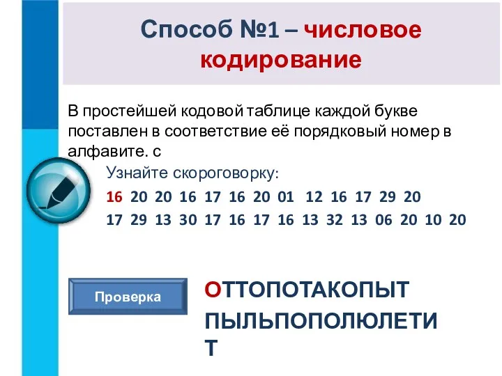 В простейшей кодовой таблице каждой букве поставлен в соответствие её