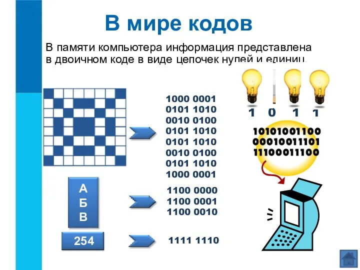 В памяти компьютера информация представлена в двоичном коде в виде