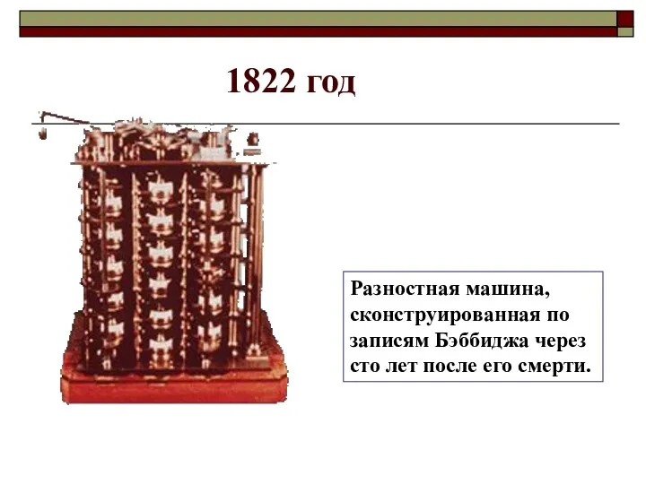 1822 год Разностная машина, сконструированная по записям Бэббиджа через сто лет после его смерти.