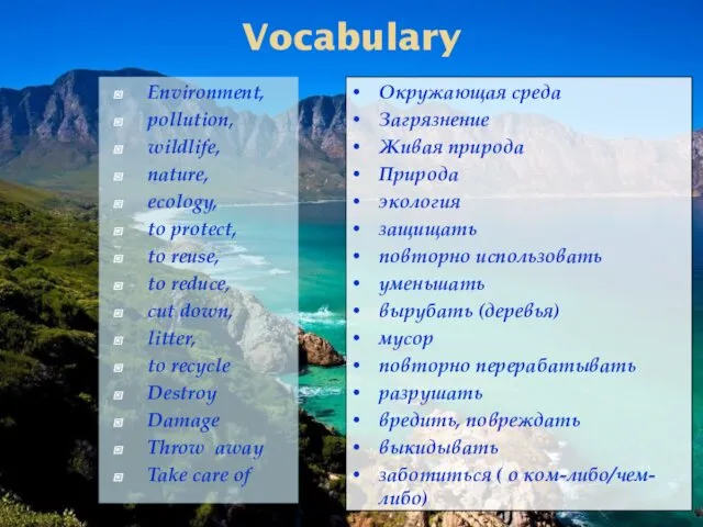 Vocabulary Environment, pollution, wildlife, nature, ecology, to protect, to reuse,