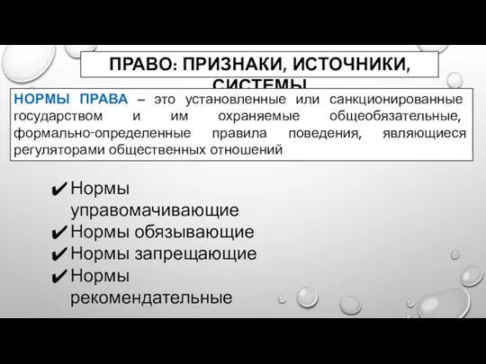 ПРАВО: ПРИЗНАКИ, ИСТОЧНИКИ, СИСТЕМЫ НОРМЫ ПРАВА – это установленные или