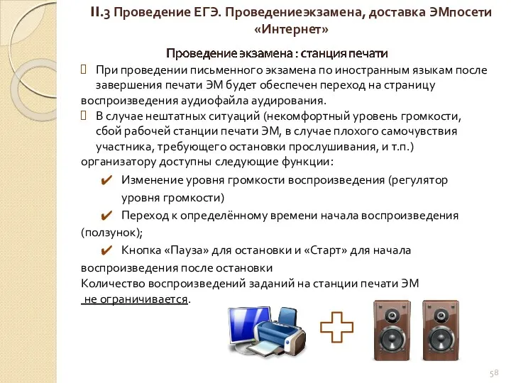 II.3 Проведение ЕГЭ. Проведениеэкзамена, доставка ЭМпосети«Интернет» При проведении письменного экзамена