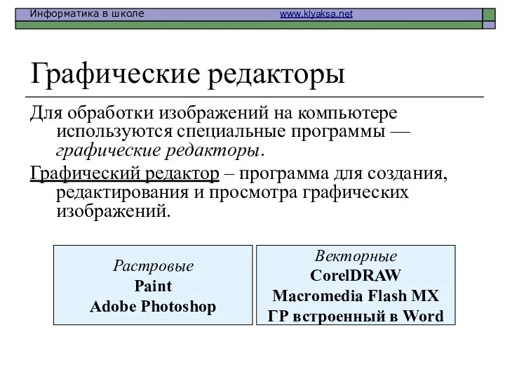 Графические редакторы Для обработки изображений на компьютере используют­ся специальные программы