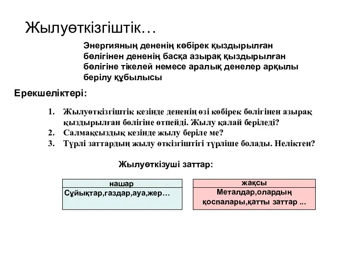 Жылуөткізгіштік кезінде дененің өзі көбірек бөлігінен азырақ қыздырылған бөлігіне өтпейді.