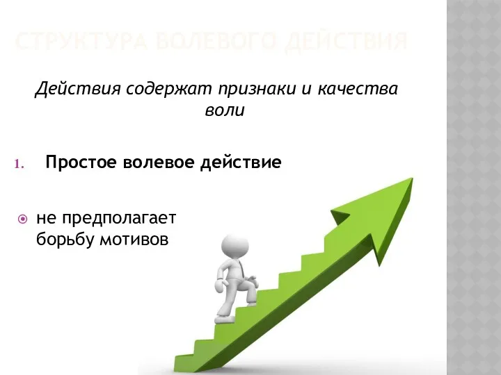 СТРУКТУРА ВОЛЕВОГО ДЕЙСТВИЯ Действия содержат признаки и качества воли Простое волевое действие не предполагает борьбу мотивов