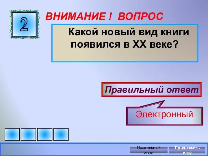 ВНИМАНИЕ ! ВОПРОС Какой новый вид книги появился в ХХ веке? 2 Правильный