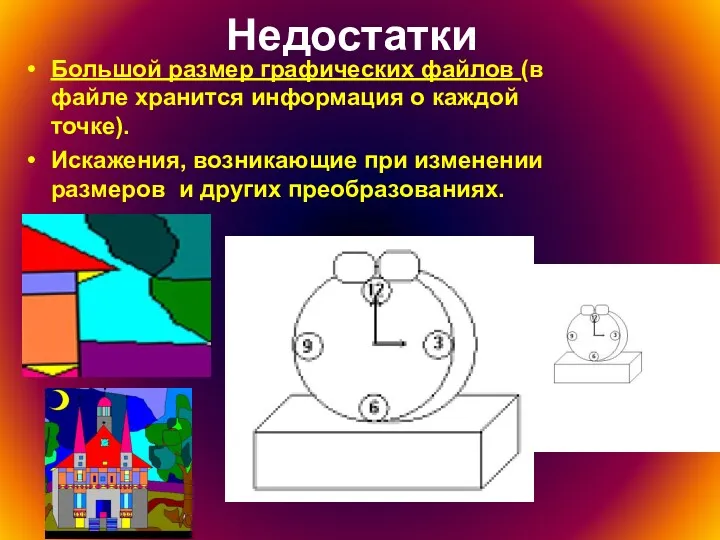 Недостатки Большой размер графических файлов (в файле хранится информация о