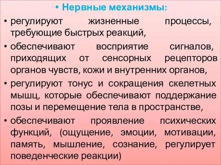 Нервные механизмы: регулируют жизненные процессы, требующие быстрых реакций, обеспечивают восприятие